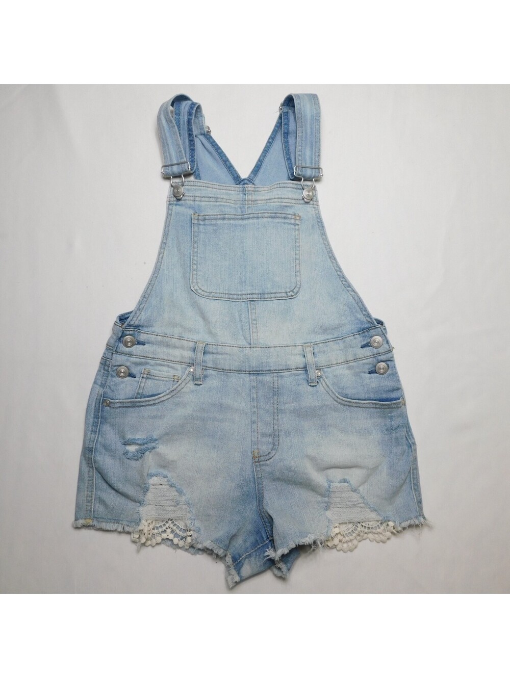 No Boundaries Women's Denim Shortalls Size M 7-9 Light Wash Distressed Lace Trim